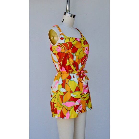50s 60s Cotton Floral Swimsuit Romper One Piece Bathing Suit Colorful Floral S M - Picture 4 of 10